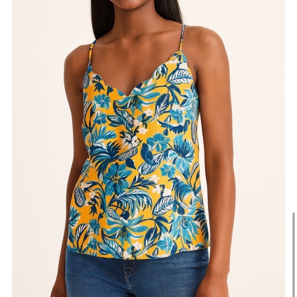 J Crew Floral Scalloped Cami Tank Top Yellow Blue Lightweight Blouse Shirt Sz 6